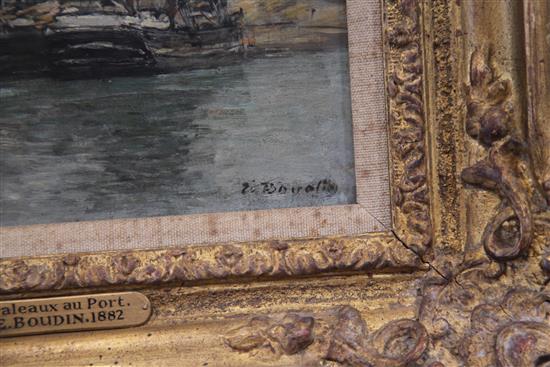 Eugene Boudin (1824-1898), oil on panel, Deauville - Voiliers A Quai, signed, 26.5cm x 21cm